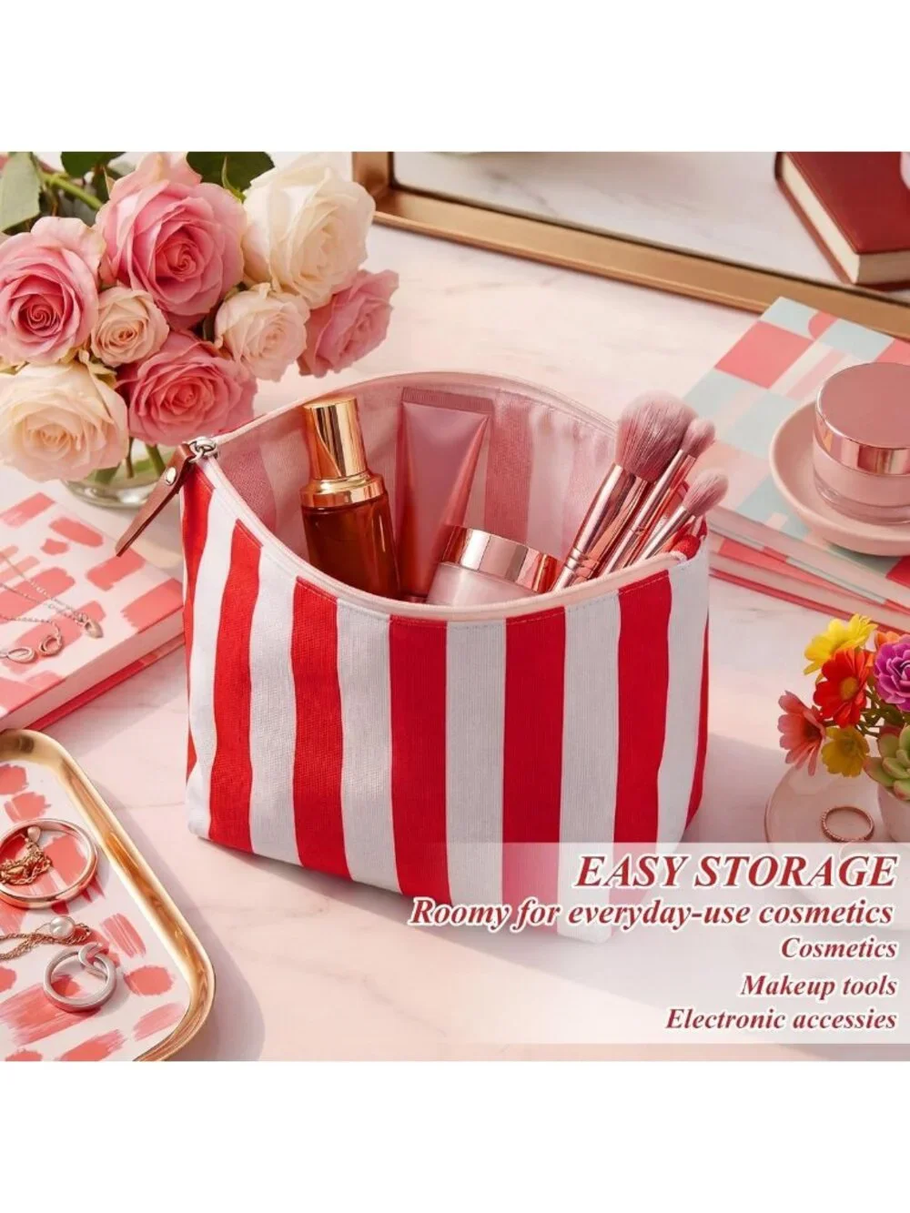 12 Pcs Red Striped Makeup Bags | Canvas Cosmetic Travel Toiletry Organizer Pouch